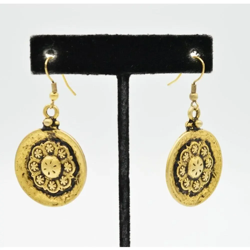 Vintage Statement Earrings Dangle Antiqued Gold Pattern Medallion NOS 1980s 9F